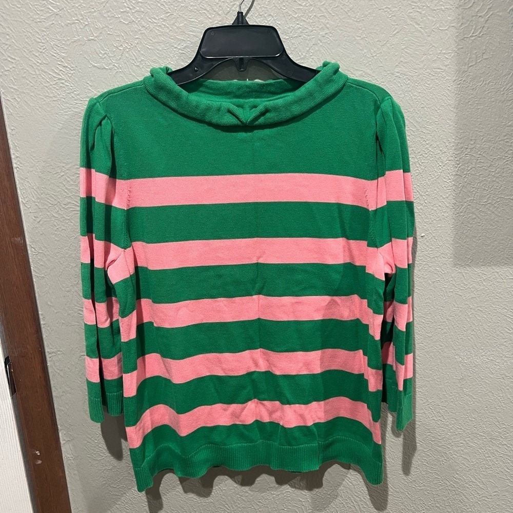 Talbots Vibrant Green Knit Top Pink Stripes Size XL EUC Detailed Neckline